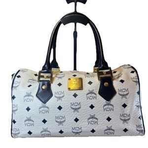 MCM Navy Blue & White Coated Canvas Viestos 2way Boston Bag Auth Vtg